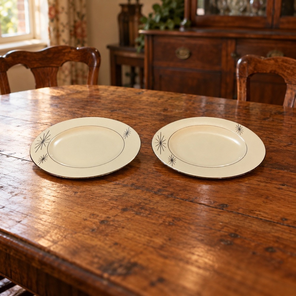Vintage Syracuse China Polaris Starburst Dinner Plates Set of 2 White Silver MCM